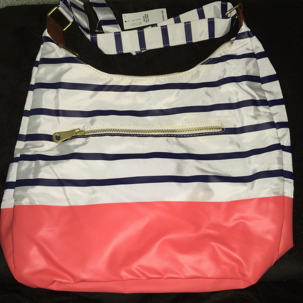Hobo Bag w/ navy & white stripes, coral bottom NWT
